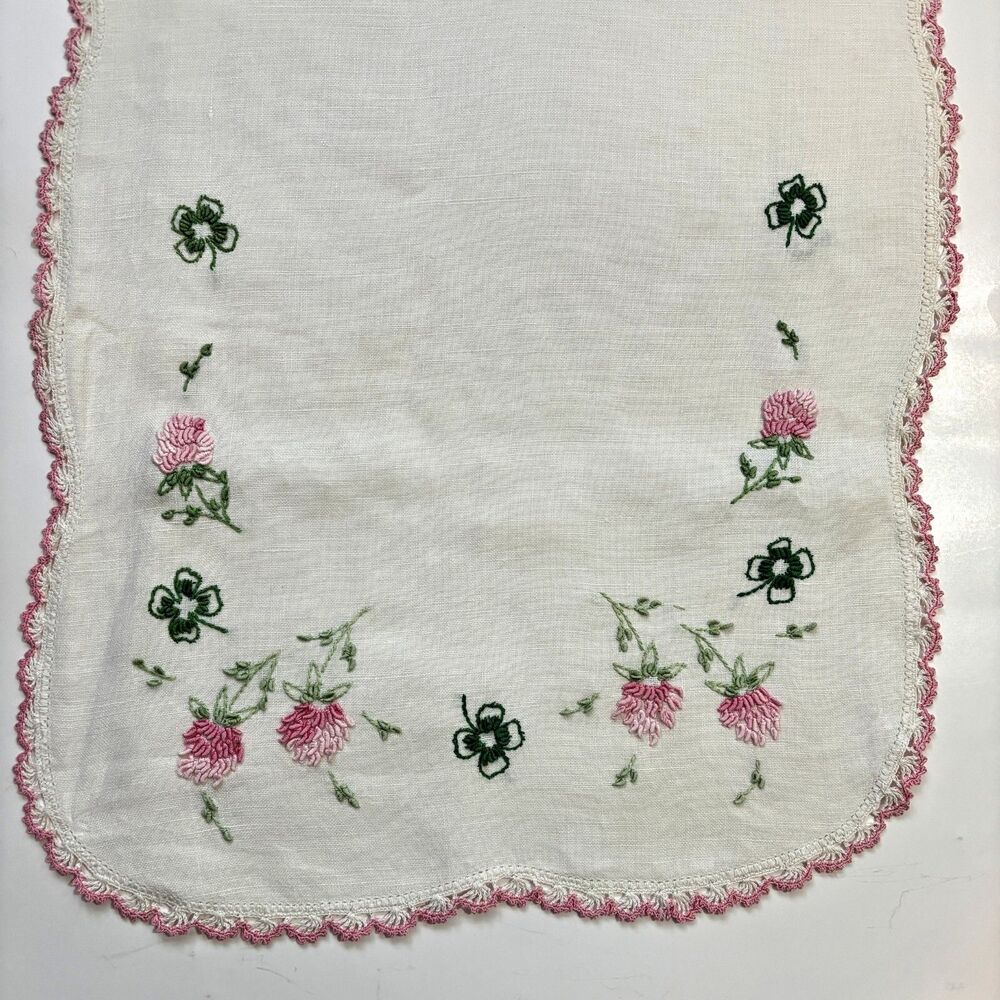 Vintage Linen Embroidered Dresser Scarf Runner Floral Lace Cottageore Heirloom